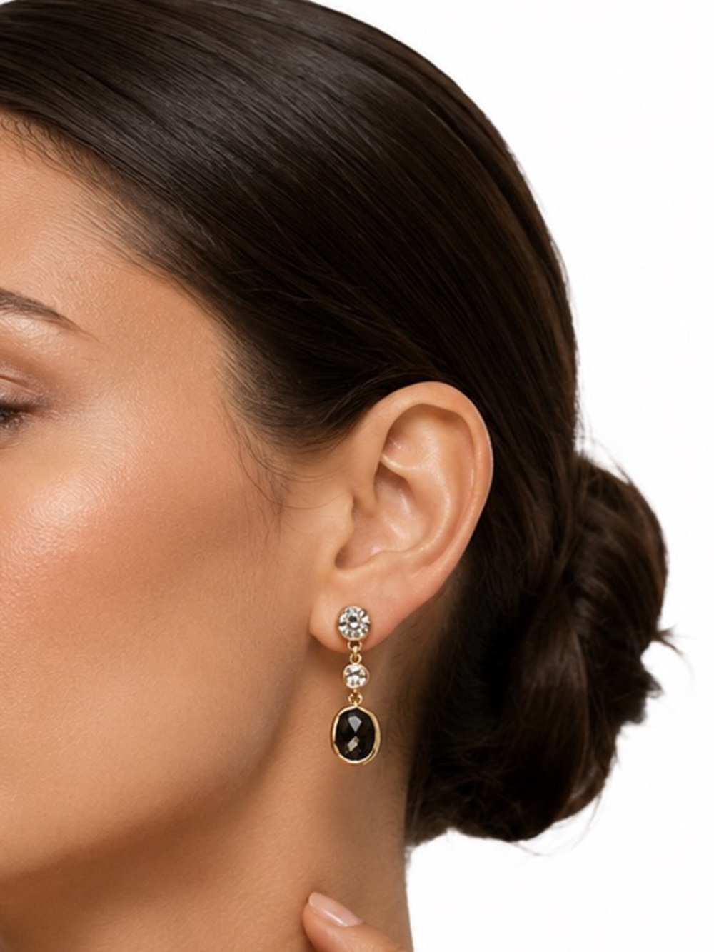 Anne Klein Gold Tone Black Crystal Drop Earrings Rhinestone Statement